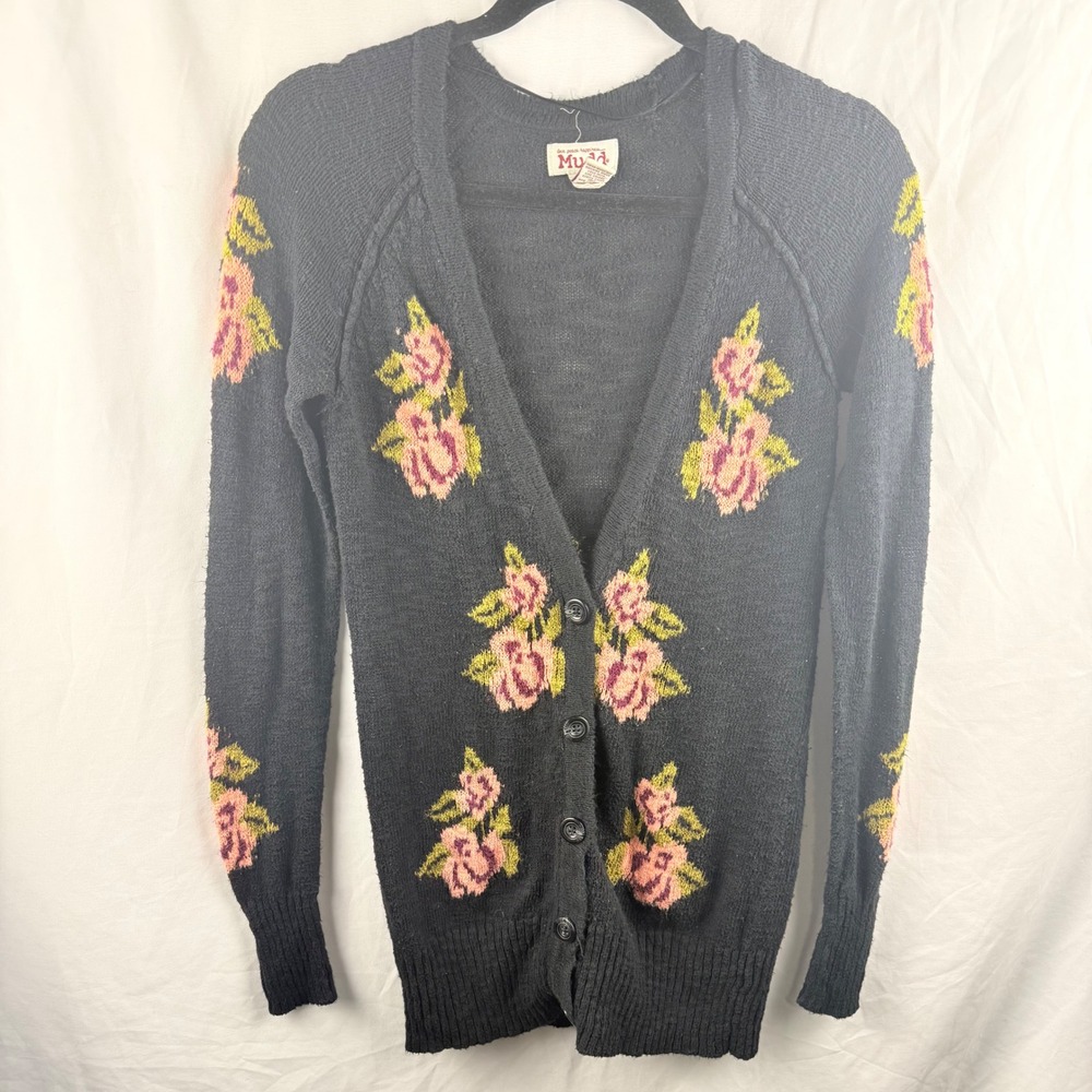 Mudd Black‎ V-Neck Cardigan Rose Print Size Small Cottagecore Grannycore Boho